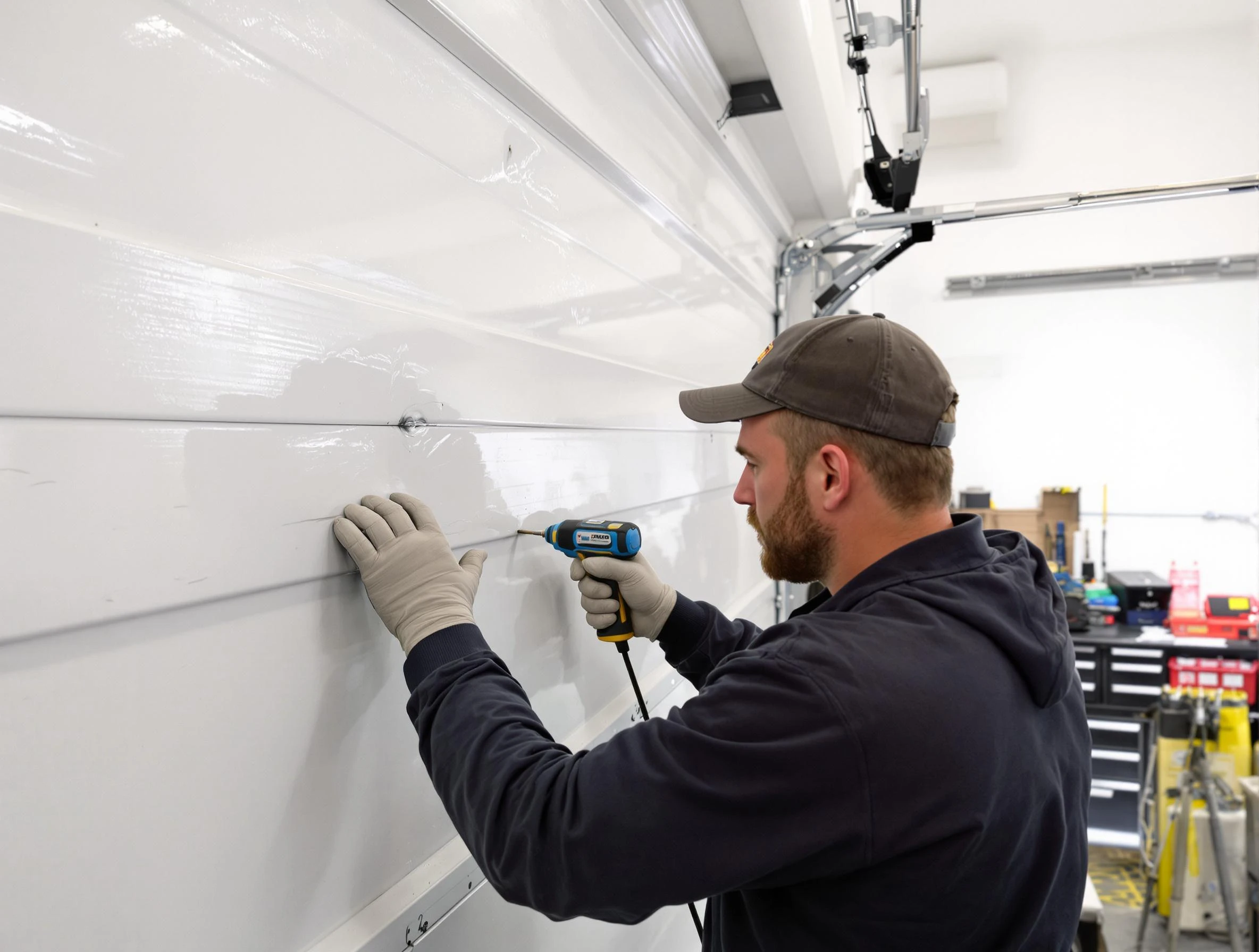 Ponderosa Park Garage Door Repair technician demonstrating precision dent removal techniques on a Ponderosa Park garage door